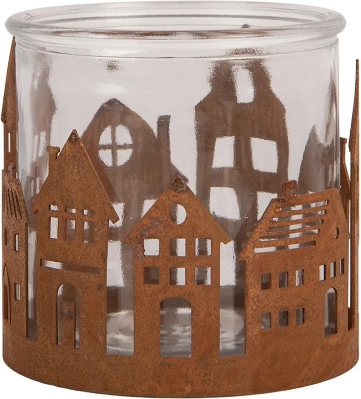 Hrdzavý rustikálny svietnik s dedinkou Village Rust M - Ø 11*10 cm