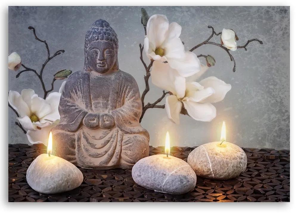 Obraz na plátně Buddha Grey Flowers Stone - 90x60 cm