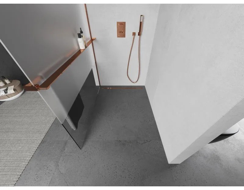 Mexen Kioto+ L, sprchová zástena Walk-In s poličkou a vešiakom 100 x 200 cm, 8mm číre sklo-námraza, ružové zlato profil, 800-100-123-60-35