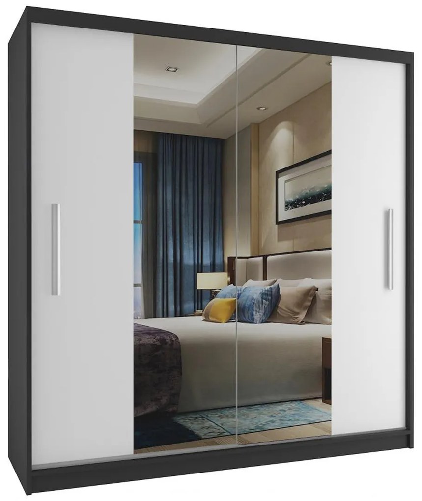 Šatníková skriňa 158 cm Belini čierny mat / biely mat s posuvnými dverami a zrkadlom ME SZP3/2/B/W/0/AL