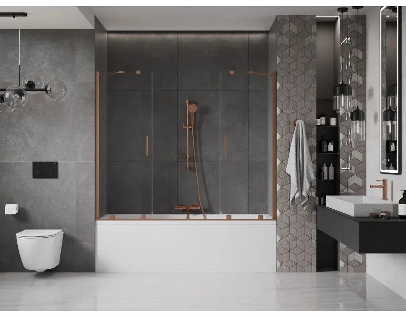 Mexen Velar Duo, 2-krídlová posuvná vaňová zástena 170 x 150 cm, 8mm číre sklo, medený matný profil, 896-170-000-02-65