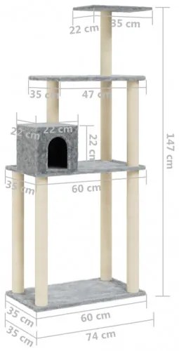 vidaXL Škrabadlo pre mačky so sisalovými stĺpikmi svetlosivé 147 cm-
