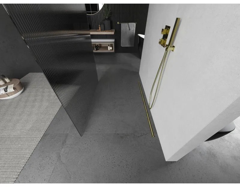 Mexen Kioto, sprchová zástena Walk-In 140 x 200 cm, 8mm sklo s rebrovým vzorom, zlatý matný profil, 800-140-002-55-09