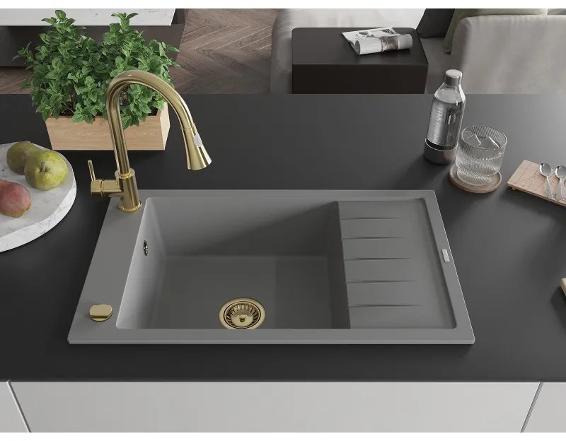 Mexen Elias, 1-komorový granitový drez 795x480x200 mm a drezová batéria Elia, šedá, 6511-71-670101-50