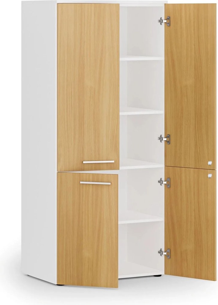Kancelárska policová skriňa PRIMO WHITE, polené dvere, 800 x 500 x 1781 mm, biela/buk