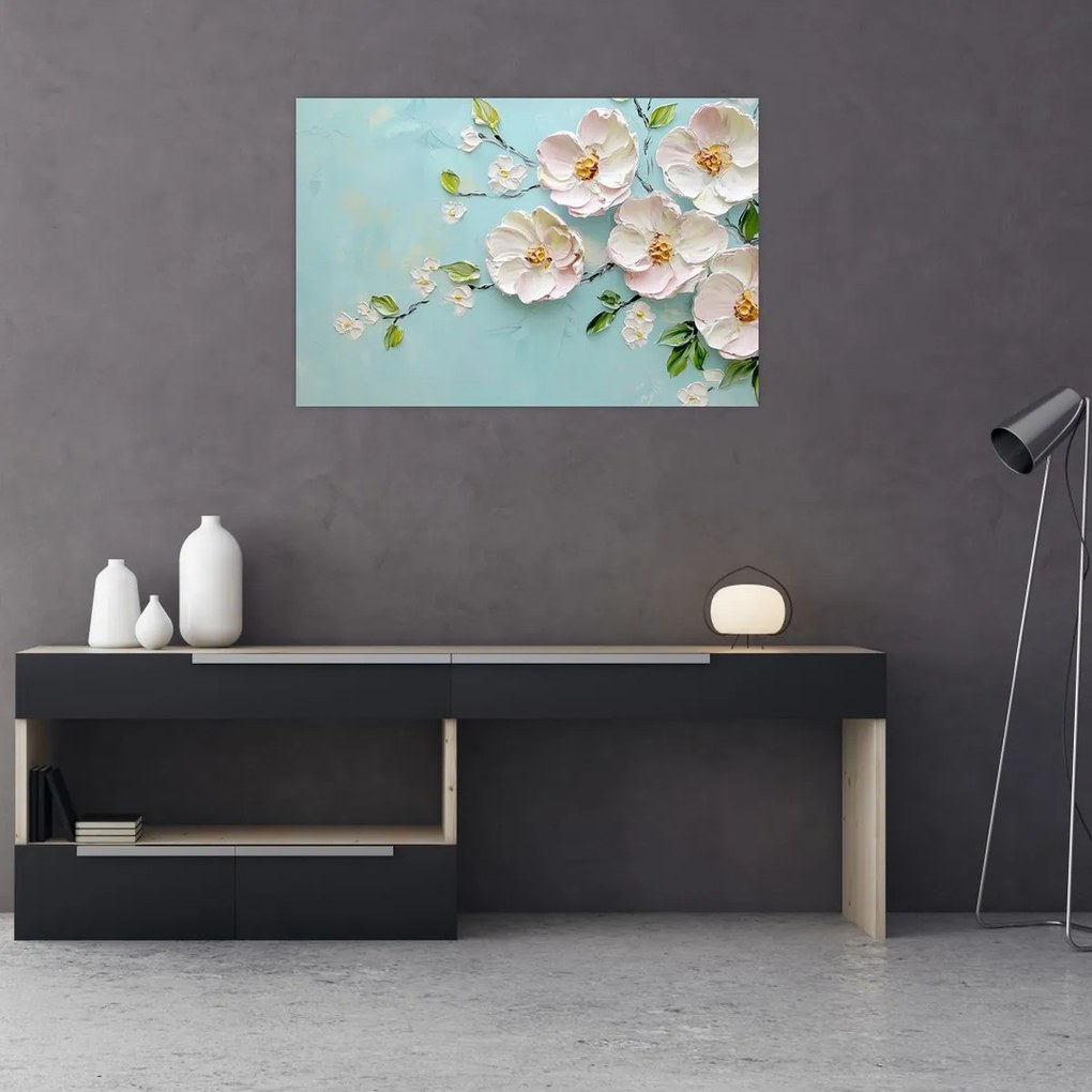 Obraz - Kvietky na modrom pozadí (90x60 cm)