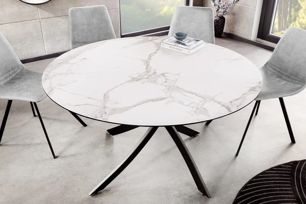 Jedálenský stôl ALPINE – okrúhly, keramická doska, biely 120 cm, výška 76 cm