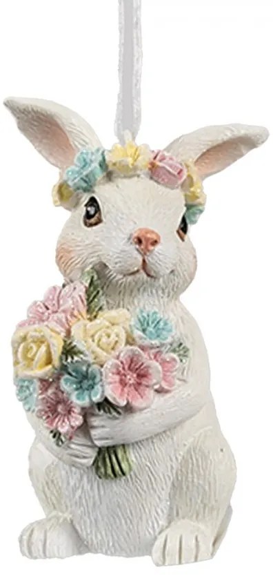 Biela závesná dekorácia králiček nesúci kvietky - 5*5*8 cm