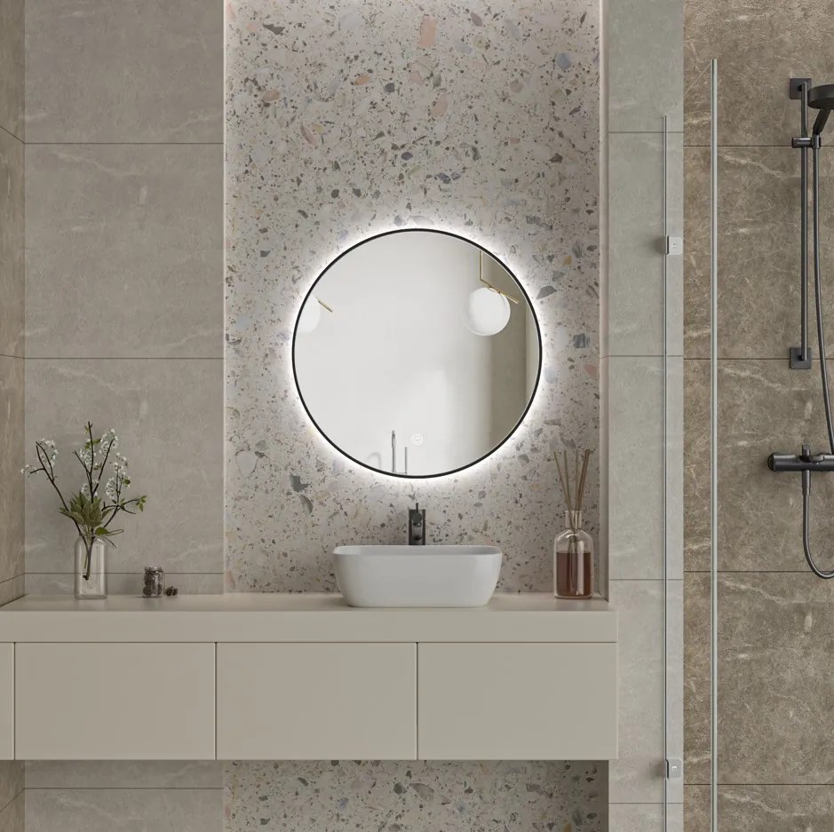 Erga Emma, okrúhle LED zrkadlo 70cm, čierny kovový rám, 1610 lm, 6500K, zadné osvetlenie, ERG-V01-201-7070-BK