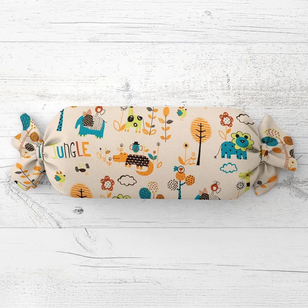 Biante Detský vankúš valec bonbon Sandra SA-008 Tyrkysové a oranžové zvieratká z džungle 15x60 cm