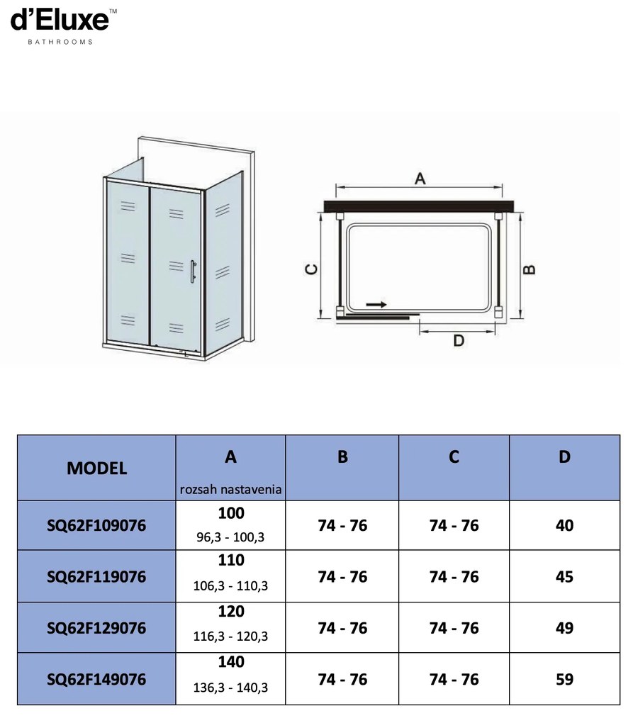 D‘Eluxe - SPRCHOVÉ KÚTY - Sprchový kút RECTANG SQ62F 100-140xcm + xcm + xcm sprchový kút obdĺžnikový číre 5 chróm univerzálna - ľavá/pravá 120 190 76 120x190 + 76x190 + 76x190 49