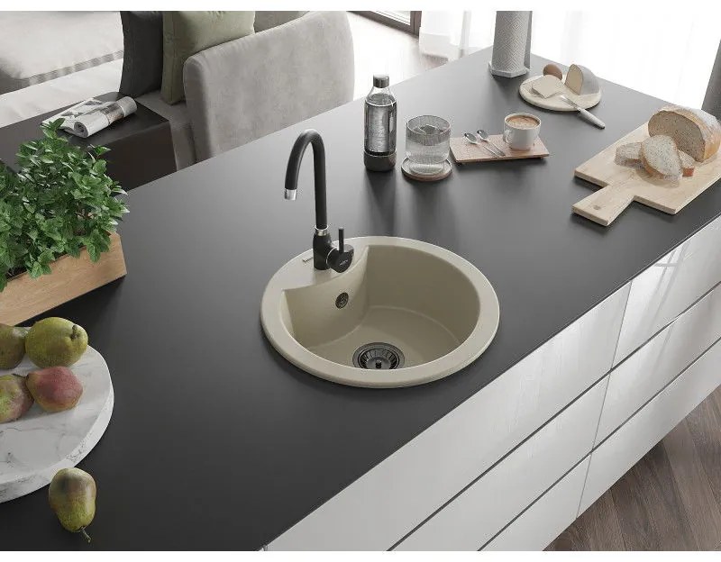 Mexen Diego, 1-komorový granitový drez 488x488x167 mm, čierny sifón, čierna matná batéria Telma, béžová, 6512-69-670200-70