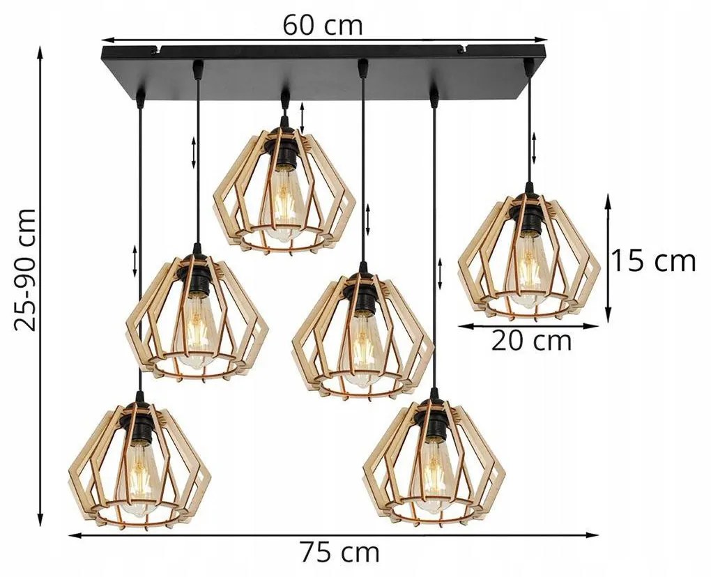 Závesné svietidlo TIMBER SPIDER, 6x drevené tienidlo