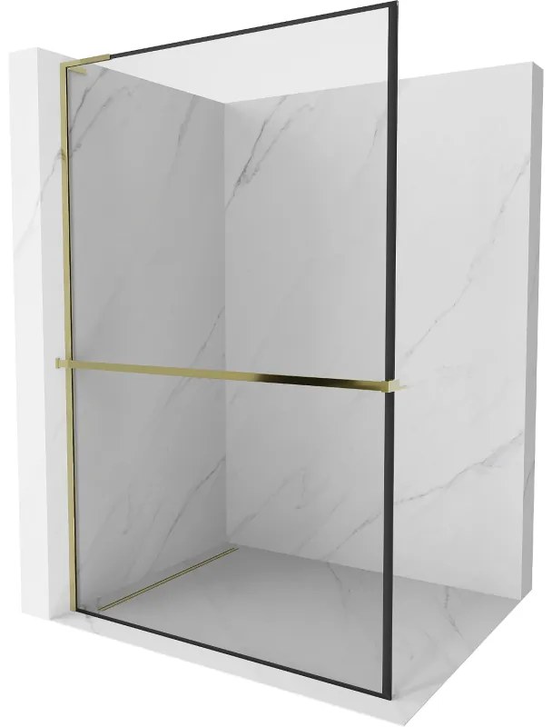 Mexen Kioto+ L, sprchová zástena Walk-In s poličkou a vešiakom 50 x 200 cm, 8mm číre sklo čierny vzor, zlatý lesklý profil,800-050-123-50-70