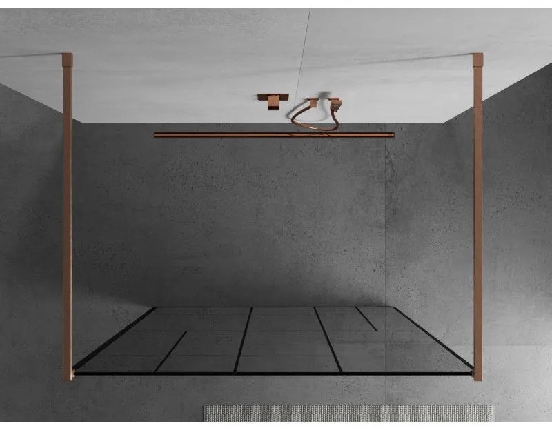 Mexen Kioto, sprchová zástena Walk-In 100 x 200 cm, 8mm sklo čierny vzor, medený matný profil, 800-100-002-65-78