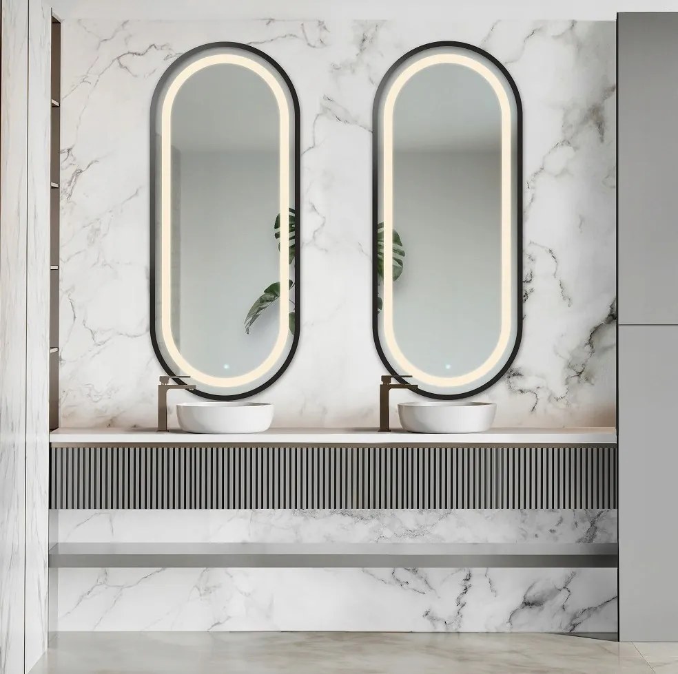 Sada dvoch oválnych zrkadiel Oskar Led III v čiernom ráme Mdf 73x143 cm