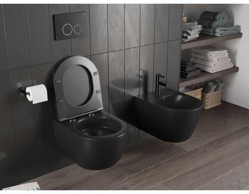 Mexen Carmen, závesná WC misa 490x365x340 mm, Rimless Tornádo + WC sedadlo z duroplastu, čierna matná, 30881085T