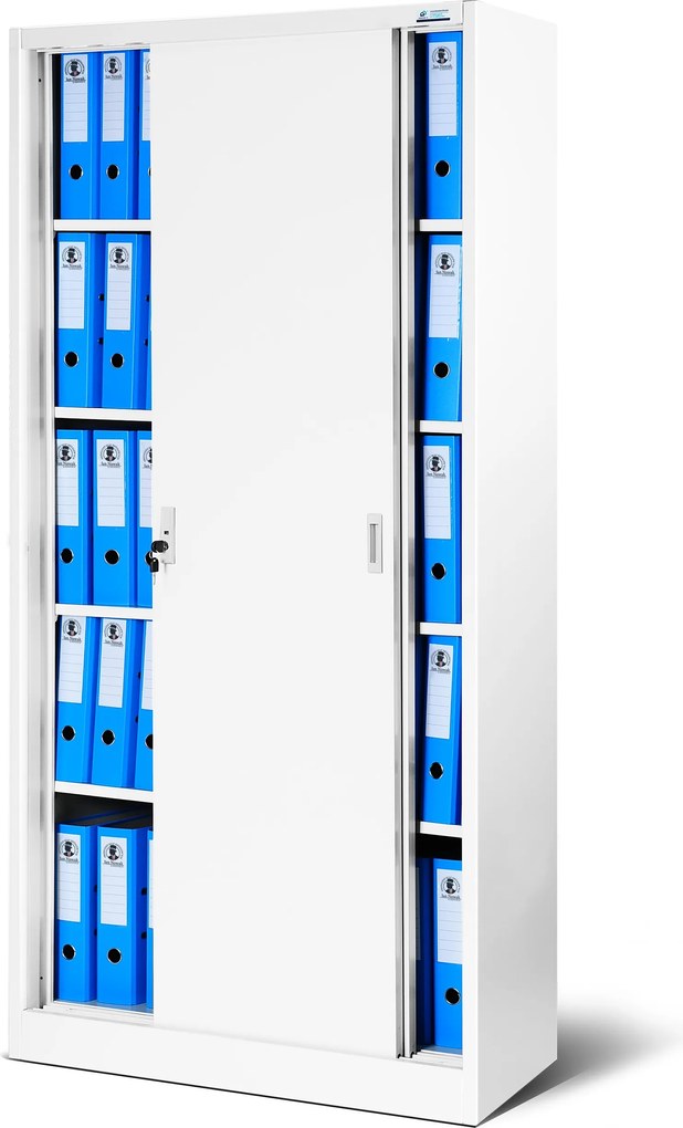 Kovová spisová policová skriňa s posuvnými dverami KUBA, 900 x 1850 x 400 mm, biela