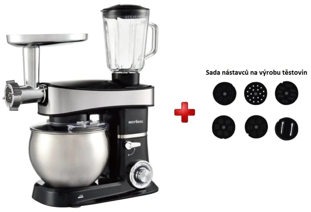 MEGAKOMBO Kuchyňský robot BestBerg BBR-2000BK + 15dílná sada nádobí BBN-1015A + Nízkosacharidový rýžovar BBRC-100 + Pákový espresso kávovar s napěňovačem BBCF-2032