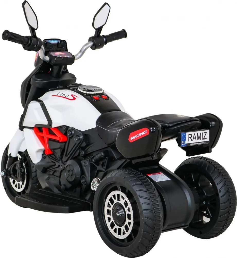 Ramiz Motorka Fast Tourist na batérie pre deti biela + audio + svetlá + ekokoža