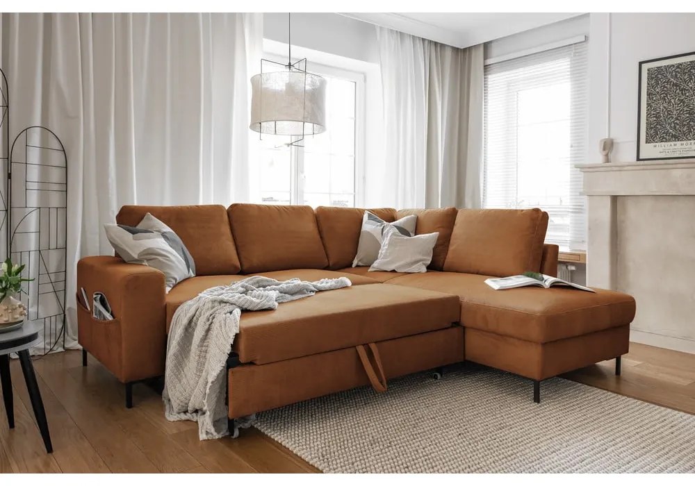 Oranžovohnedá menčestrová rozkladacia rohová pohovka (pravý roh) Lofty Lilly – Miuform