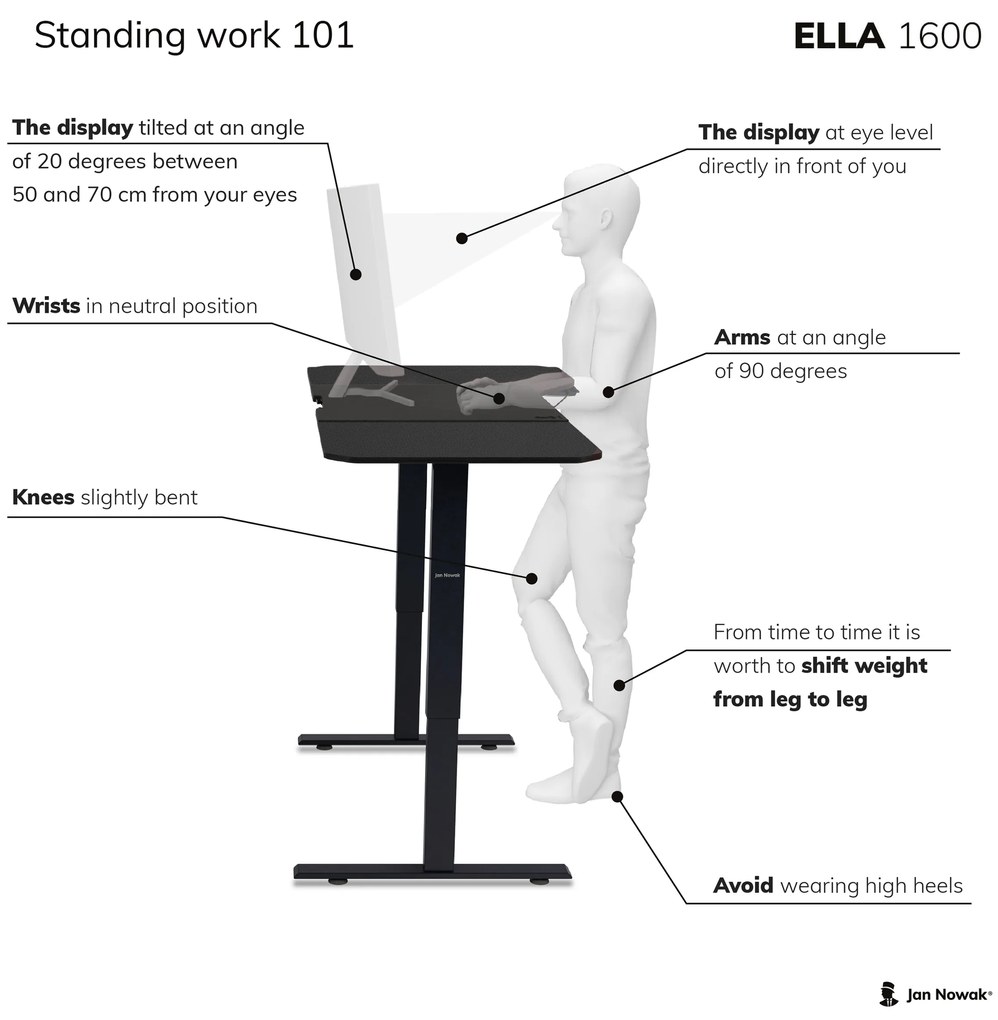 Veľký výškovo nastaviteľný elektrický stôl ELLA, 1600 x 720 x 750 mm, čierny