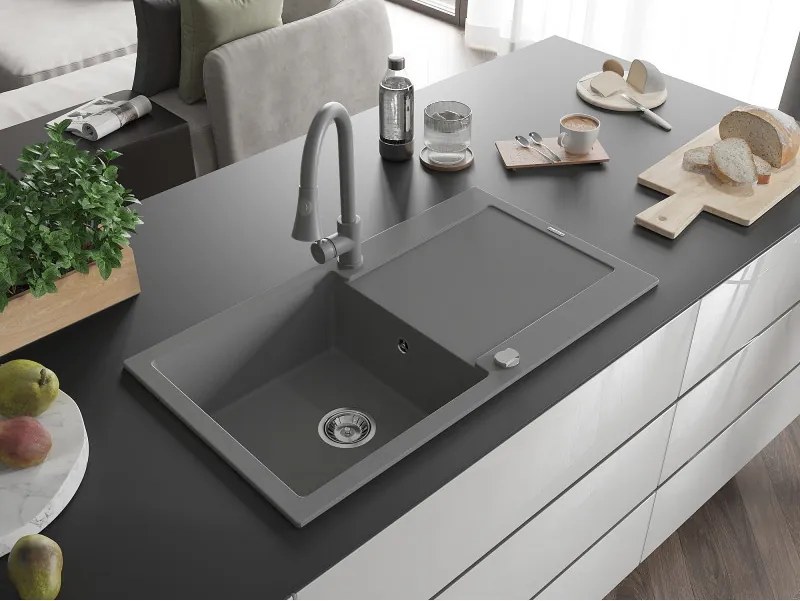 Mexen Leo, 1-komorový granitový drez 900x500x190 mm a drezová batéria Elia, šedá, 6501-71-670101-71