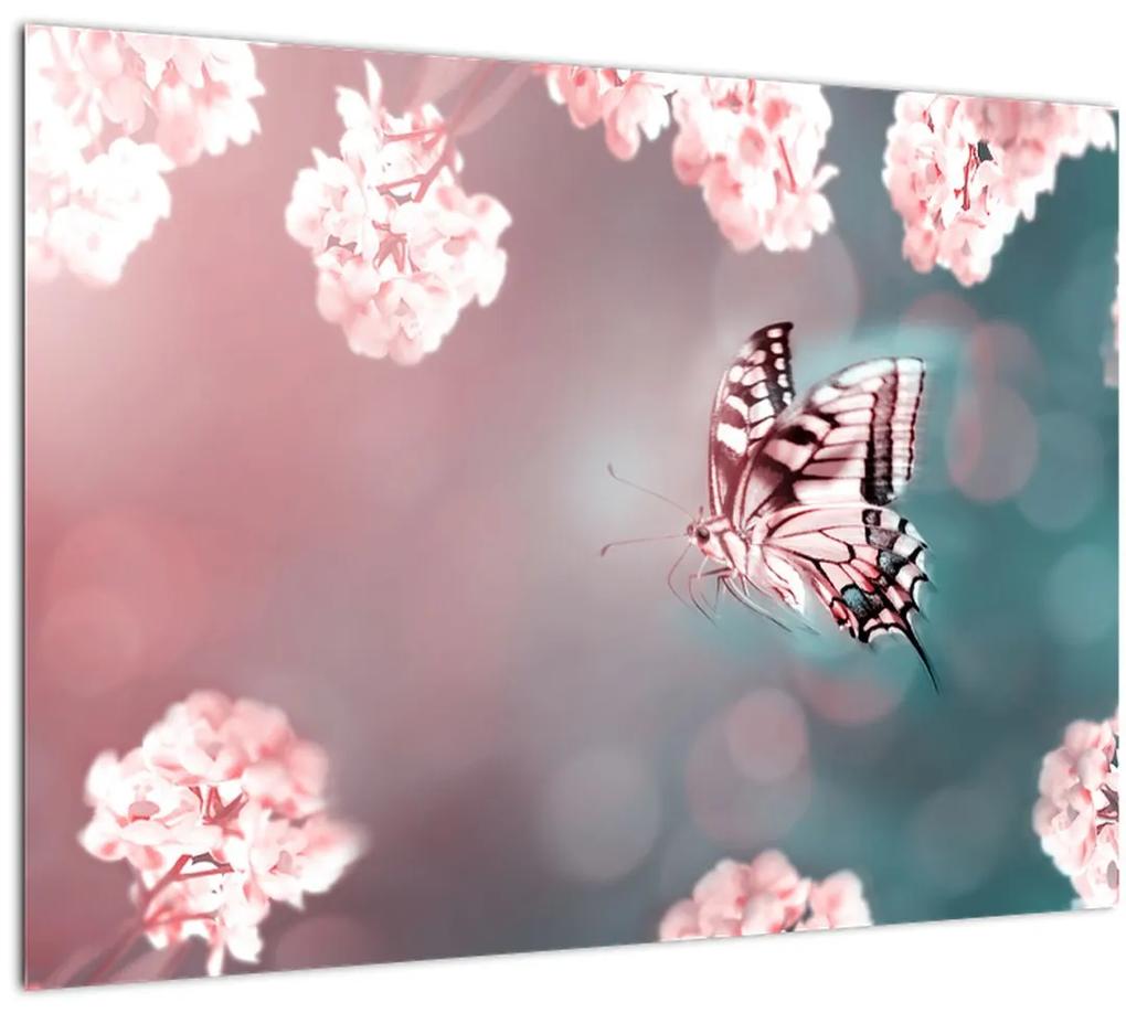 Sklenený obraz - Motýľ medzi kvetmi (70x50 cm)