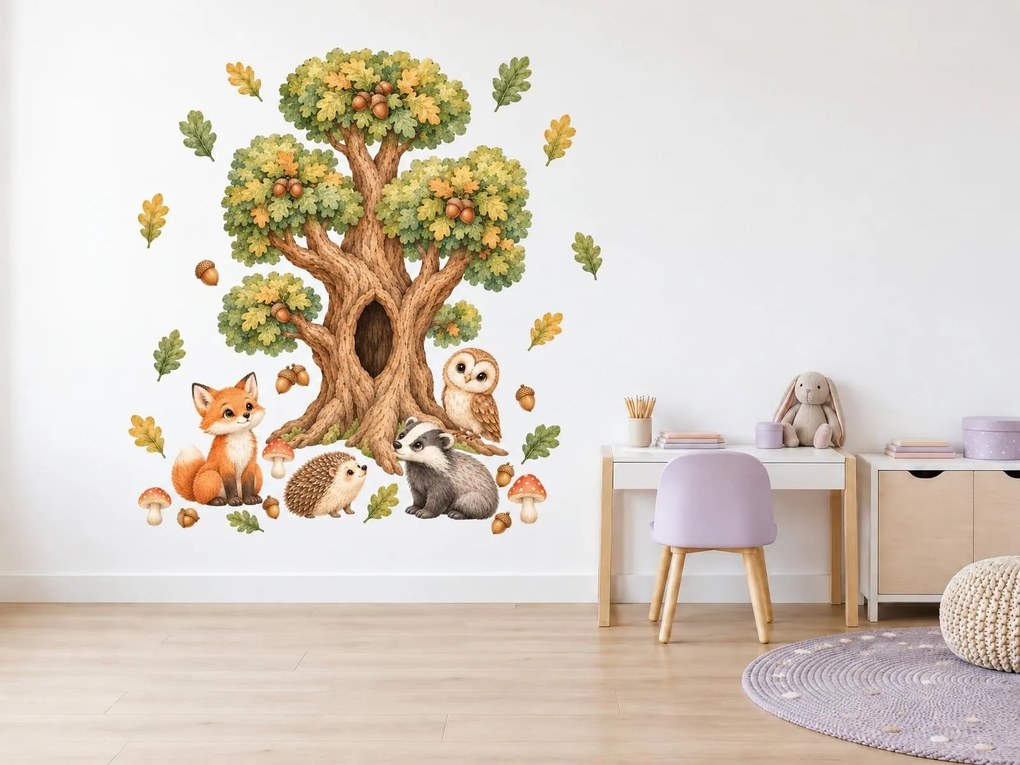 Zvieratká pod starým dubom jesenné samolepky na stenu so stromom pre malé deti arch 23 x 46 cm