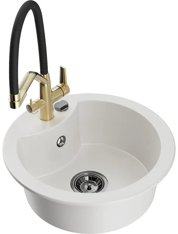 Mexen Diego, 1-komorový granitový drez 488x488x167 mm a drezová batéria Duo, biela, 6512-20-671701-57-B