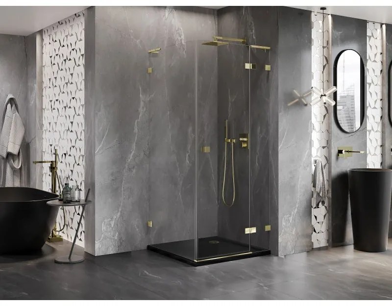 Mexen Lunar, L výklopný sprchový kút pravý 70 x 70 cm, 8mm číre sklo, zlatý profil, 834L-070-070-50-00-P