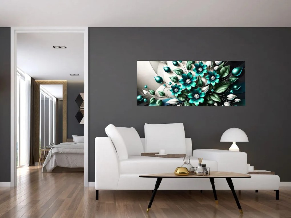 Obraz - 3D tyrkysové kvety (120x50 cm)