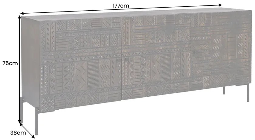 Komoda TRIBAL 180cm 3D antický vzhľad mangové drevo tmavohnedá