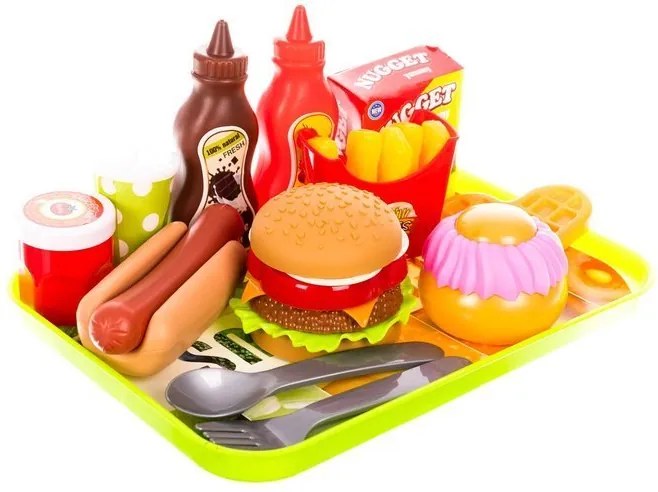 ISO Trade Detská sada fast food do kuchynky 26 dielov – hamburger, hranolky, vafle a párky