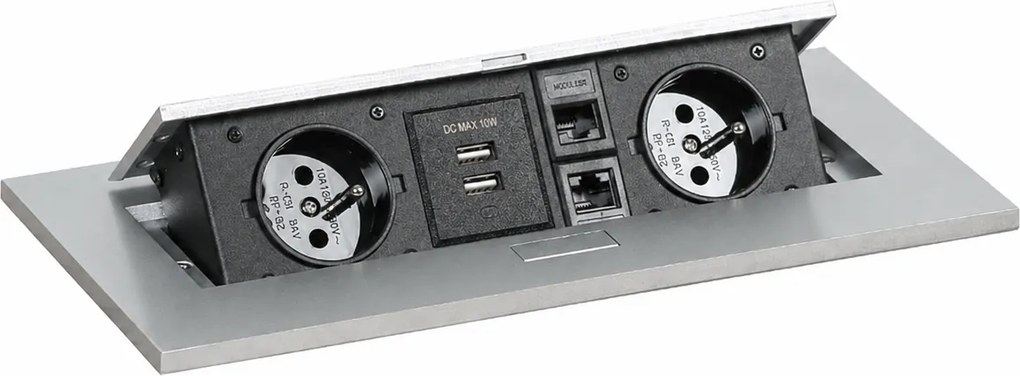 Zásuvkový box - výklopný, 2x zásuvka, 2x USB-A, 2x RJ45 port, strieborná