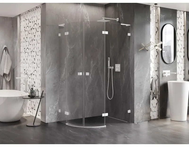 Mexen Lunar, L pravý polkruhový sprchový kút 90 x 80 cm, 8mm číre sklo, biely profil, 833L-090P-080L-20-00