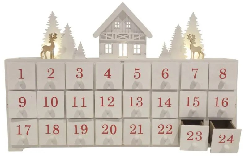 LED drevený adventný domček, 43 x 8 x 29 cm, biely a červený, 2× AA