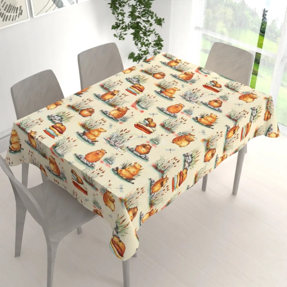 Biante Detský bavlnený obdĺžnikový obrus Sandra SA-710 Kapybary na krémovom 60x100 cm