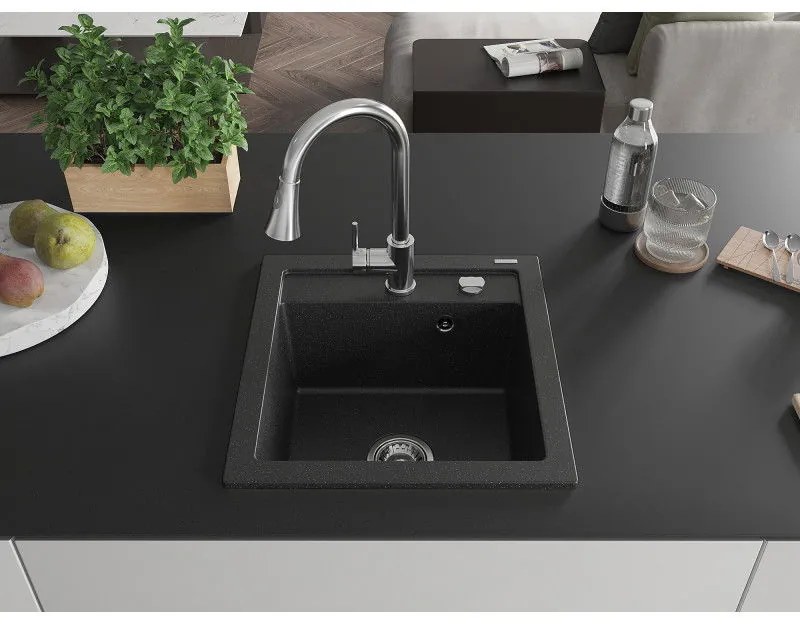 Mexen Vito, 1-komorový granitový drez 490x520x210 mm a drezová batéria Elia, čierna-strieborná metalíza, 6503-73-670101-00