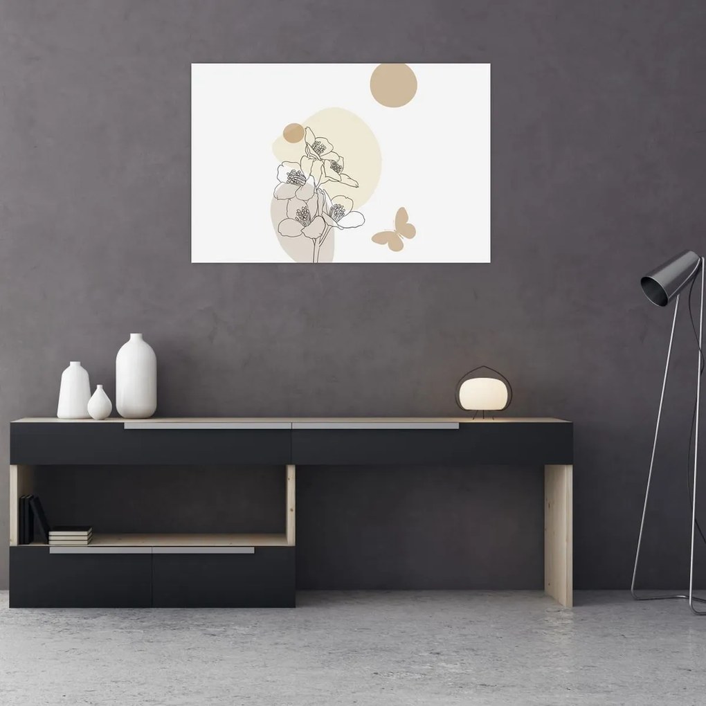Obraz - Béžové kvety s motýľom N⁰4 (90x60 cm)