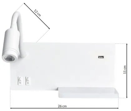 LED Nástenné svietidlo SHELF 1xLED/4W+1xLED/5W+1xLED/2W/230V + USB port biela