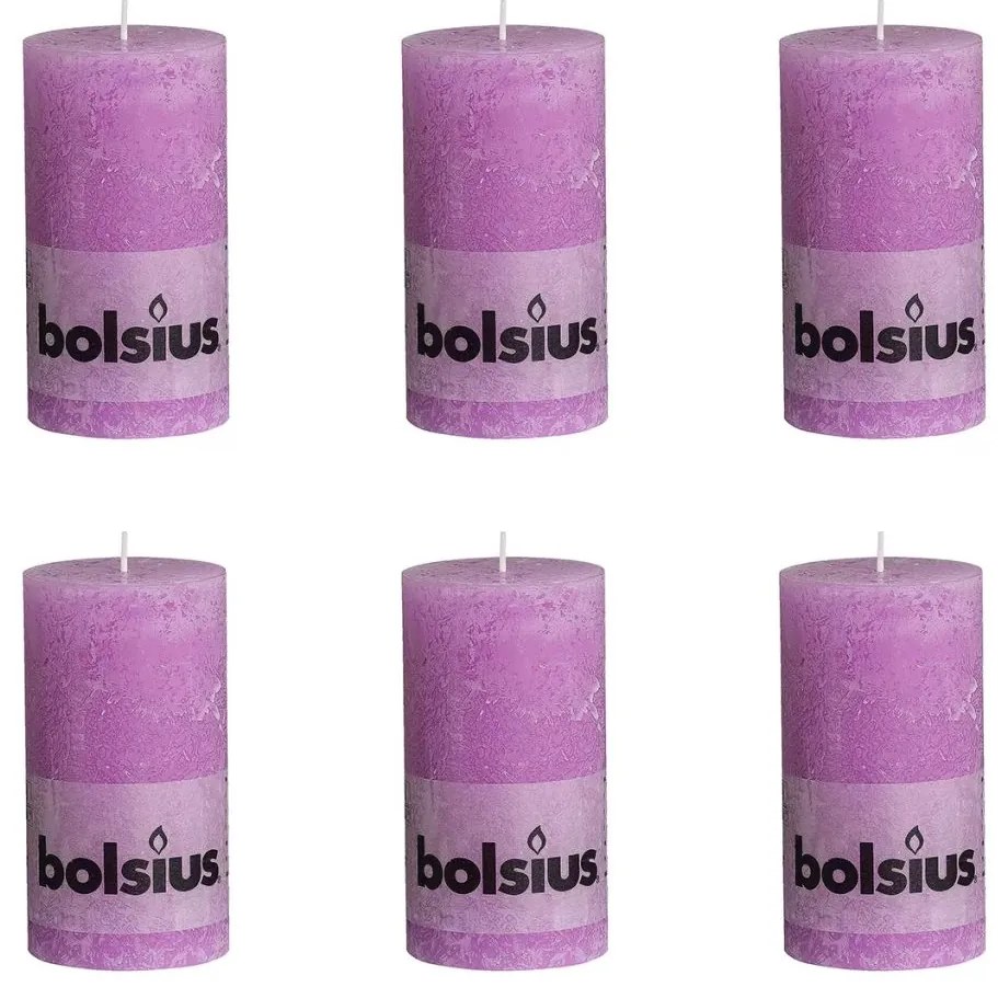 Bolsius Rustikálne valcové sviečky 130 x 68 mm, fialové 6 ks