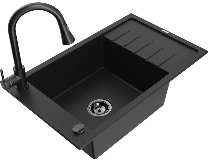 Mexen Elias, 1-komorový granitový drez 795x480x200 mm a drezová batéria Elia, čierna, 6511-77-670101-70-B