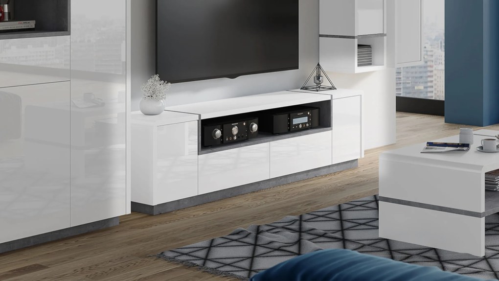 Mazzoni FOLK RTV-185, tv skrinka, BIELY MAT / BIELY LESK / BETON MILLENIUM