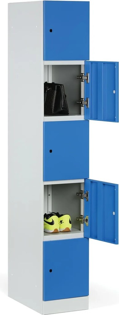 Šatníková skrinka S1 s úložnými boxmi, 5 boxov, 1850 x 300 x 500 mm, cylindrický zámok, červené dvere