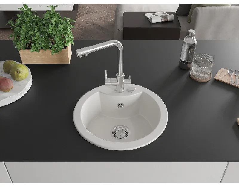 Mexen Diego, 1-komorový granitový drez 488x488x167 mm, chrómová batéria Duero, biela, 6512-20-671600-00