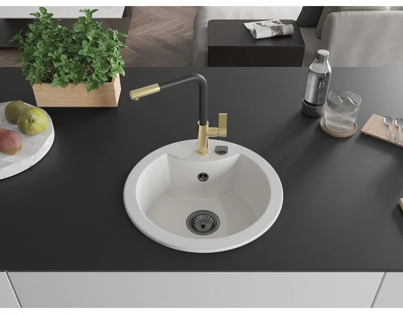 Mexen Diego, 1-komorový granitový drez 488x488x167 mm a drezová batéria Flora, biela, 6512-20-670401-57-B