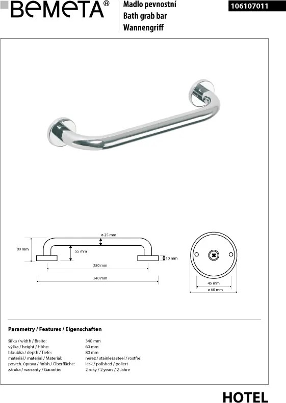 Bemeta Design Madlo, 340 mm, nerez, lesk - 106107011