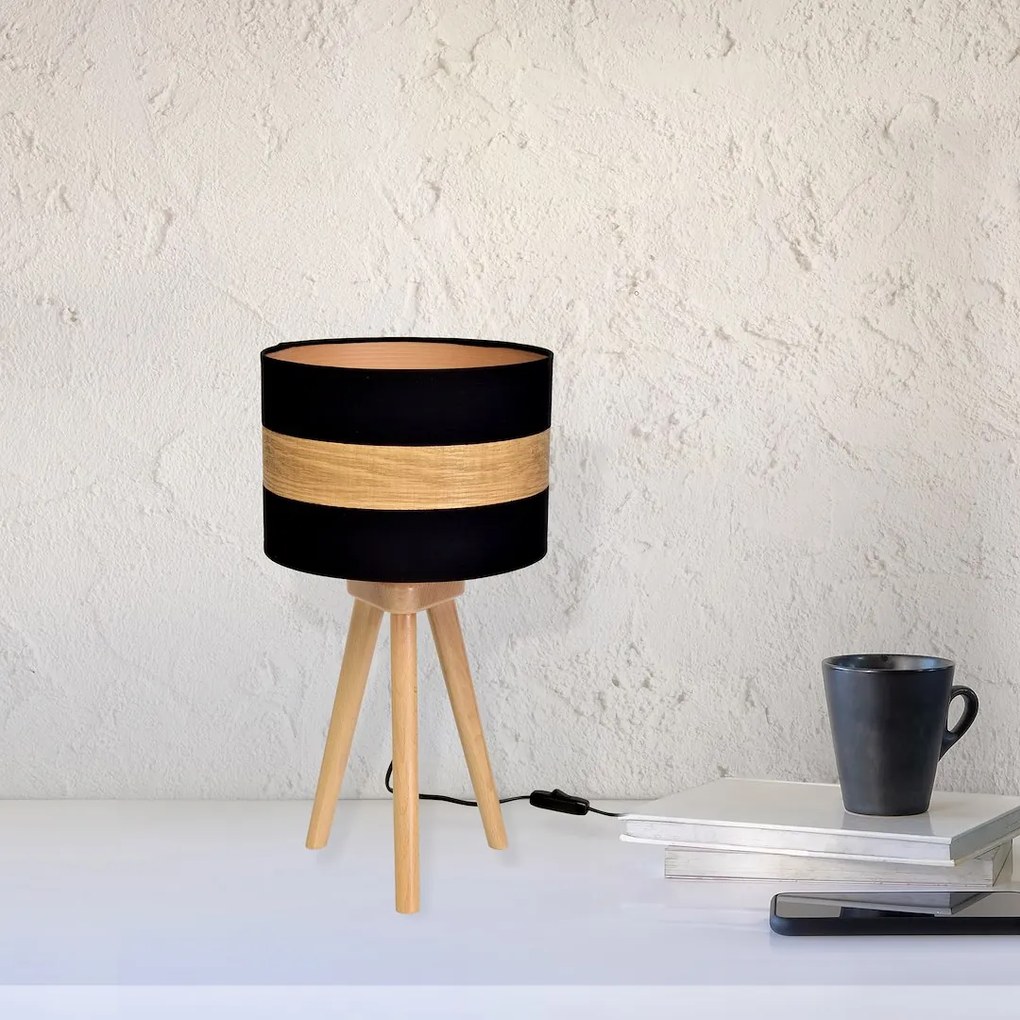 Stolná lampa Terra, 1x drevené/čierne textilné tienidlo, drevo