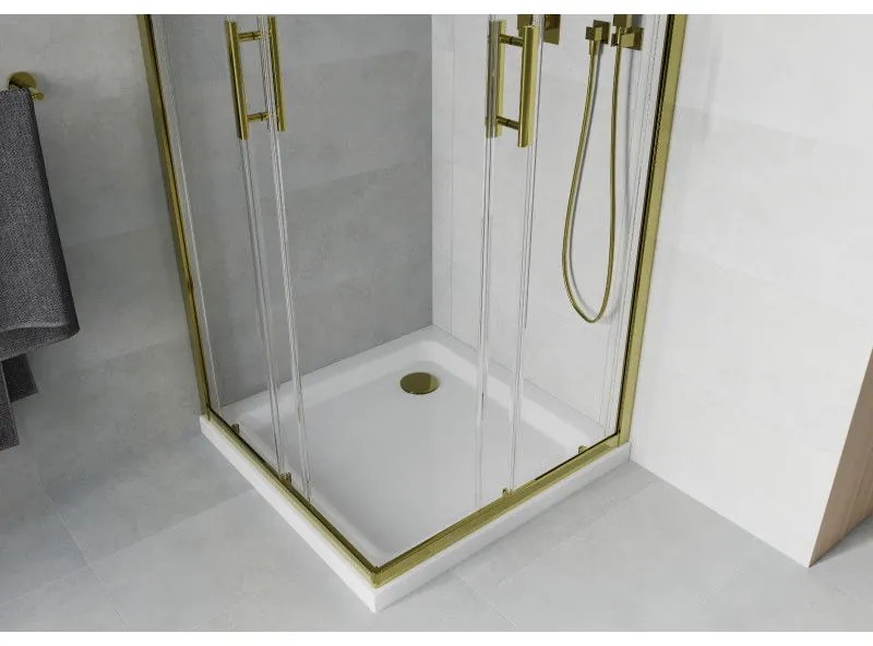 Mexen Rio, štvorcový sprchovací kút s posuvnými dverami 70(dvere) x 70(dvere) x 190 cm, 6mm číre sklo, zlatý profil + sprchová vanička SLIM so zlatým sifónom, 860-070-070-50-00-4010G
